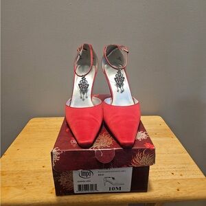 Impo Red Satin Pointed Toe Heels with Rhinestone Dangle